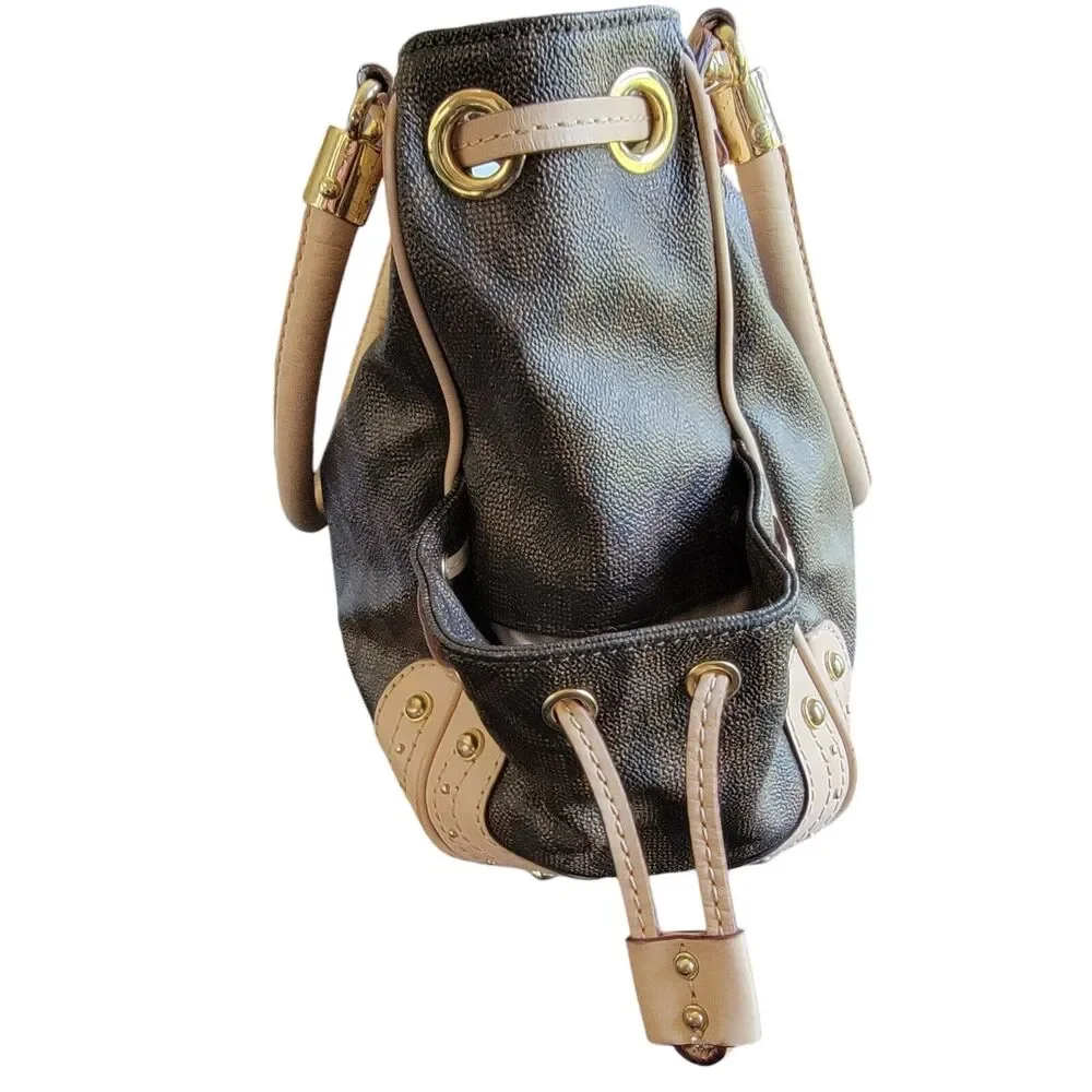 Michael Kors Brown Monogram Drawstring Satchel Handbag Purse Double Top Handle